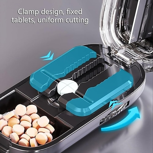  přenosný řezák na pilulky na cesty, přesný dělič pilulek pro krájení na 1/2 nebo 1/4, kompaktní krabička na pilulky s čepelí pro přesné krájení a skladování tablet