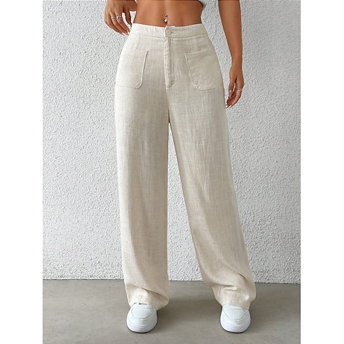  Mulheres Perna larga chinês Moda Básico Casual Comprimento total Cintura Média Côr Sólida Bolsos Conforto Exterior Sem Elasticidade Férias Rua Diário Preto Branco Azul Damasco Verão Primavera Outono