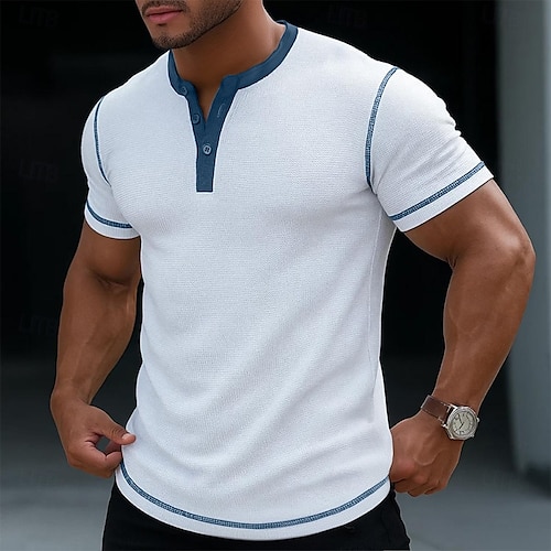  Men's Waffle Henley Shirt Tee Short Sleeve Solid Color Casual Buttons Henley Outdoor Casual Daily Summer Black White Yellow Henley T-Shirt