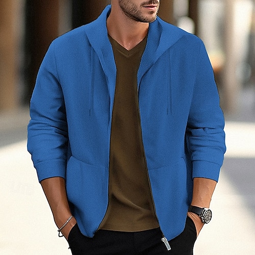  Homens Jaqueta Waffle Jaqueta casual Casaco com capuz Férias Diário Respirável Bolsos Primavera Outono Tecido Moda Clássico Com Capuz Padrão Preto Branco Azul cáqui Cinzento Casaco