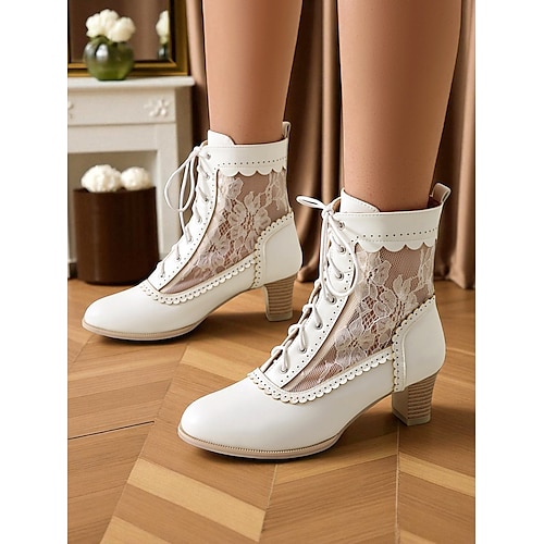  Botas femininas de cano curto com cadarço preto e inspiração eduardiana - botinhas vitorianas vintage de salto médio em malha com cadarço para moda gótica, cosplay e trajes com tema dos anos 1900