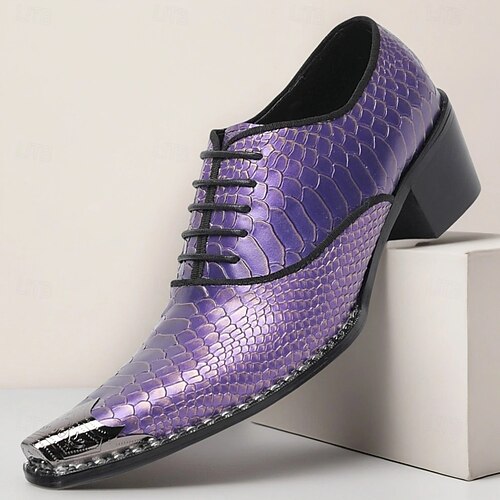 Men's Purple Snake-Patterned Dress Shoes - Stylish Premium Cowhide Oxford Shoes for Evening Events and Fashion Lovers