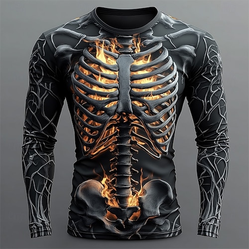  Halloween Day of the Dead Skull Men's Skeleton Costume T Shirt Long Sleeve T shirt 3D Print Crew Neck Shirt Fashion Exaggerated Street Casual Daily  Summer Spring Fall Clothing Apparel