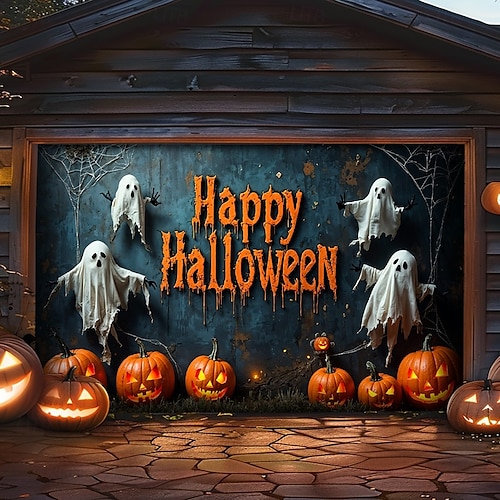 Halloween Garagentorabdeckung Banner Hintergrund – "Frohes Halloween" Szene mit Kürbissen und Fledermäusen übergroß für Garagentore inkl. einfach aufzuhängende Hardware Außendekoration für Halloween