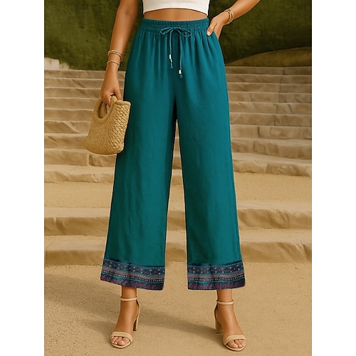  Mujer Pantalones de lino y algodón Chinos Pantalones Moda Estilo Étnico Básico Longitud total Alta cintura Floral Bordado Bolsillo Correa Comodidad Al Aire Libre Microelástico Vacaciones Calle Diario