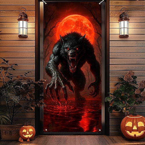  Halloween Dörrskydd – Ond demon som kommer fram ur en träddörr Inträdesbanner till hemsökt hus Spöklik utomhus- och inredningsdekoration för Halloween 2025 i sovrum vardagsrum badrum