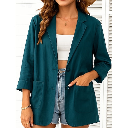  Blazer feminino de algodão e linho, confortável, respirável, com bolso, casual, liso, para escritório, casual, uso diário, abotoamento simples, regular, abertura para baixo, ajuste regular, manga comprida, agasalho branco, verde, bege, verão