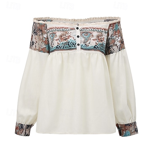  Dame Vestlig bluse Boho skjorte Bluse Blomsternål i krystall Moderne Bohem Langermet Løse skuldre Vanlige topper Daglig Ut på byen Trykt mønster Aprikos Sommer