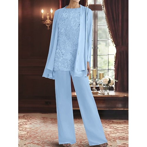 3-teiliger Hosenanzug Mutter der Braut Kleid Elegant Rundhalsausschnitt Bodenlang Polyester Langarm mit Perlen