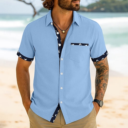  Herren Leinenhemd Sommerhemd Strandbekleidung Knopfhemd Gestreift Urlaub Kreuzfahrt Weiß Grün Khaki Grau Kurzarm Revers Sommer Frühling & Sommer Bekleidung Basic