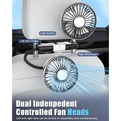  USB Car Fan for Backseat, Dual Rearseat Fans for Kids Separated Controlled Heads and 2 LED Lights 360 Rotatable Cooling 3 Speeds Auto Cooler for Car
