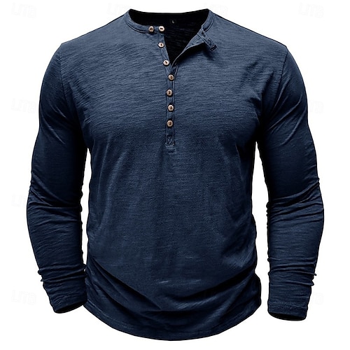  Men's Henley Shirt Tee Top Long Sleeve Shirt Long Sleeve Henley Summer Spring Solid Color Plain Fashion Daily Buttons Outdoor Casual Black White Rock Green Top Tee for Men