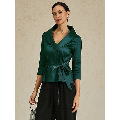  Dame Bluse Kveldstopper Elegant metallic Stilfull 3/4 ermer V-hals Vanlige topper Bryllupsgjest Aftenselskap Semi-formelt knyte foran Smaragd Grønn Vår, Høst, Vinter, Sommer