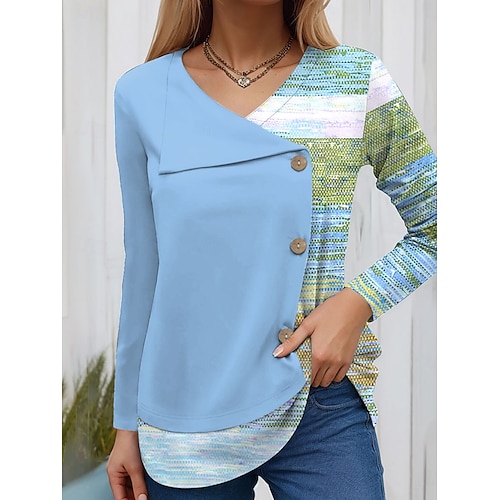  Pentru femei Tricou Grafic Geometric Epocă Modă Stilat Manșon Lung Stil Nautic Topuri obișnuite Zilnic Peteci Nasturi Imprimeu Roz Îmbujorat Albastru piscină Mov Trifoi Primăvară Toamnă Iarnă