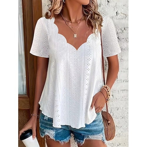  Women's Summer Tops Solid Color Stylish Casual Short Sleeve V Neck Regular Tops Daily Black White Pink Light Blue Summer Spring