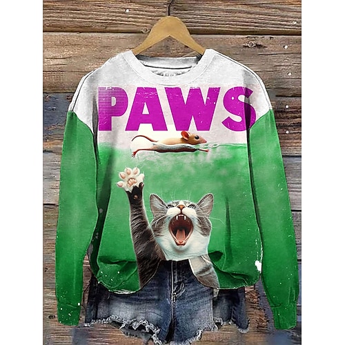  Women's Sweatshirts Graphic Cat Letter Casual Long Sleeve Crew Neck Regular Tops Street Dailywear Print Blue Purple Green Khaki Fall Winter
