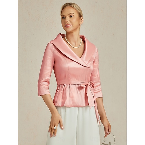  Femmes Chemisier Hauts de soirée Élégant Métallique Moderne Manche 3/4 Col en V Hauts Réguliers robe demoiselle d honneur Soirée Semi-Formel Nœud devant Rose ensoleillée Printemps, Automne, Hiver, Été