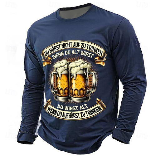  オクトーバーフェスト 男性用 オクトーバーフェストビール ドイツ語 Tシャツ 長袖 Tシャツ 3Dプリント クルーネック シャツ ファッション 日常 ベーシック ストリート カジュアル 日常 ブラック ブルー グリーン 夏 春 衣類 S M L XL XXL XXXL