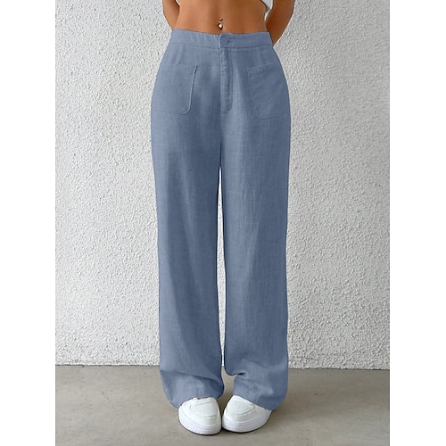  Mulheres Perna larga chinês Moda Básico Casual Comprimento total Cintura Média Côr Sólida Bolsos Conforto Exterior Sem Elasticidade Férias Rua Diário Preto Branco Azul Damasco Verão Primavera Outono