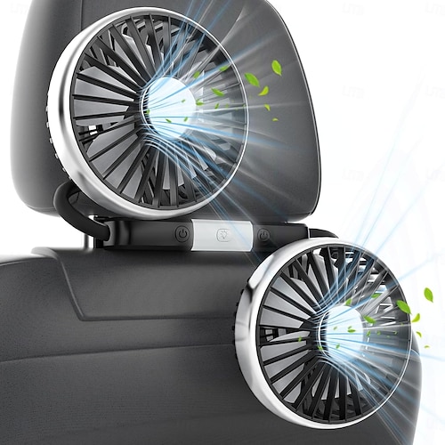  USB Car Fan for Backseat, Dual Rearseat Fans for Kids Separated Controlled Heads and 2 LED Lights 360 Rotatable Cooling 3 Speeds Auto Cooler for Car