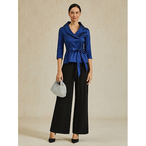  Dame Bluse Kveldstopper Elegant metallic Stilfull 3/4 ermer V-hals Vanlige topper Bryllupsgjest Aftenselskap Semi-formelt knyte foran Marineblå Vår, Høst, Vinter, Sommer