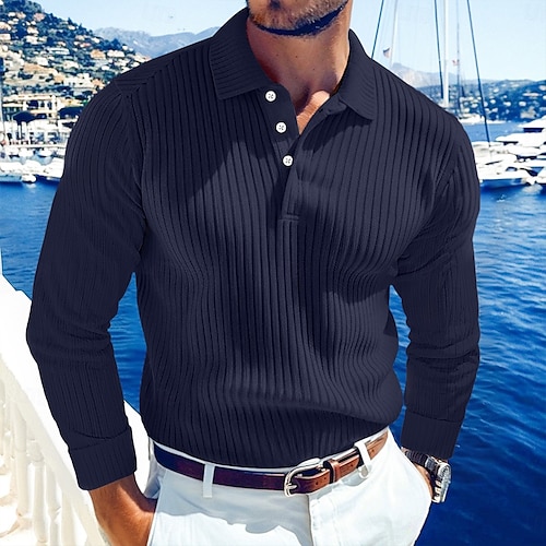  Men's Rib Knit Top Golf Shirt Street Casual Lapel Long Sleeve Basic Modern Plain Buttons Spring Fall All Seasons Regular Fit White Blue Navy Blue Grey Rib Knit Top