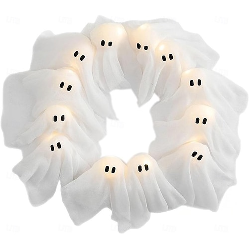  ハロウィンゴーストリース、12個のLEDライトアップホワイトゴーストガーランド、不気味な屋内 &玄関、壁、パーティー用の屋外吊り下げ装飾、電池式のハロウィーン装飾、ホリデーの不気味なガーランド
