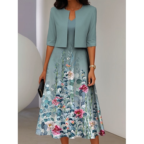 Set di abiti da donna a due pezzi abito midi con giacca abito elegante a linea maniche a ¾ casual semi formale stampa floreale ombre scollo a V data rosa blu viola vestibilità regolare