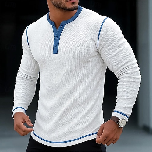  Men's T Shirt Henley Shirt Waffle Knit Tee Tee Top Long Sleeve Shirt Long Sleeve Color Block Solid Fashion Designer Basic Patchwork Henley Vacation Street Casual Spring &  Fall All Seasons Black