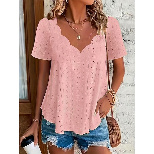  Women's Summer Tops Solid Color Stylish Casual Short Sleeve V Neck Regular Tops Daily Black White Pink Light Blue Summer Spring