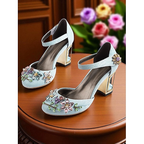 Women's Light Blue Chunky Heel Dress Shoes with Gemstone Floral Embellishments - Elegant Vintage-Inspired Ankle Strap Pumps for Ladies, Ideal for Weddings, Garden Parties, and Medieval Fantasy-Themed 2026 - $89.99 Women's Light Blue Chunky Heel Dress Shoes with Gemstone Floral Embellishments - Elegant Vintage-Inspired Ankle Strap Pumps for Ladies, Ideal for Weddings, Garden Parties, and Medieval Fantasy-Themed 2026 - $89.99