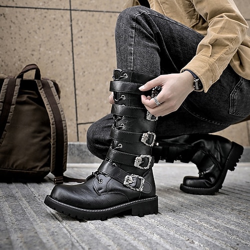 Men's Knee High Boots with Multi Buckle Straps and Lace-Up Design