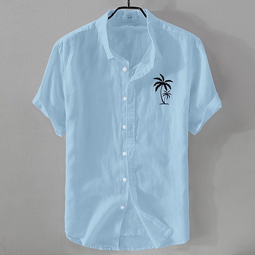  Men's Linen Shirt Minimalist Aloha Shirt Casual Shirt Cotton Linen Shirt Button Up Shirt Coconut Tree Vacation Street Black White Pink Dark Navy Short Sleeve Lapel Summer Clothing Apparel Button-Down