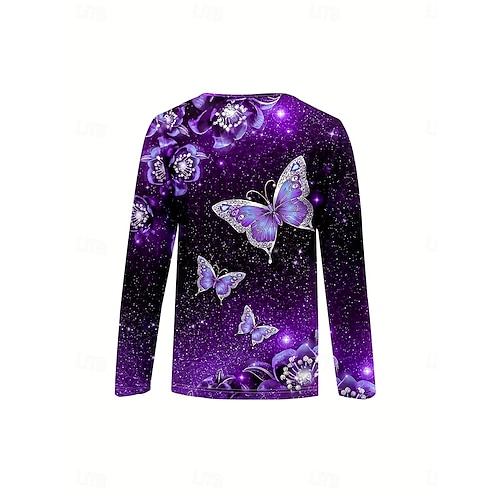  Жен. Футболка Омбре Графика Животное Элегантный стиль Винтаж Стиль Длинный рукав Круглый вырез Зубчатая шея Обычные топы Повседневные выходные Молния С принтом Лиловый Весна Осень Зима