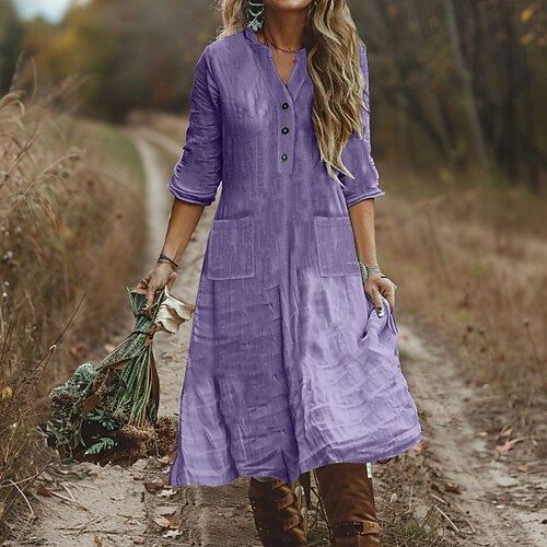 Women's Midi Dress Faux Cotton Linen Shirt Dress Casual Dress Classic  Modern Outdoor Vacation Holiday Regular Fit Plain Long Sleeve V Neck Black  Purple Orange Light Blue Fall 2026 - OMR 14.19