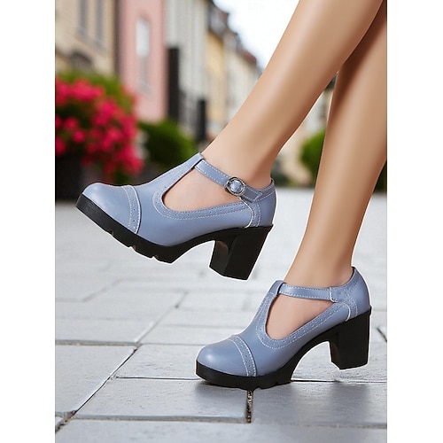  Sapatos Mary Jane femininos de salto grosso e tira em T azul claro – scarpins plataforma de couro sintético, bico redondo e tira com fivela para uso casual, trajes de escritório e eventos de primavera-verão