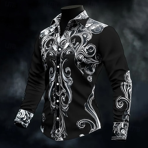  Hombre Geométrico Volutas Traje de Halloween Camisa Abotonar la camisa Camisa de vestir informal Manga Larga Estilo gótico oscuro Vacaciones Diario Ropa de calle Verano Primavera Cuello Vuelto