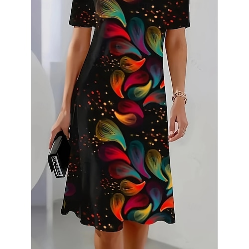  Elegantní dámské večerní midi šaty s krátkým rukávem a výstřihem do krku A-line šaty ležérní boho každodenní regular fit ombre květinová grafika černá léto jaro podzim