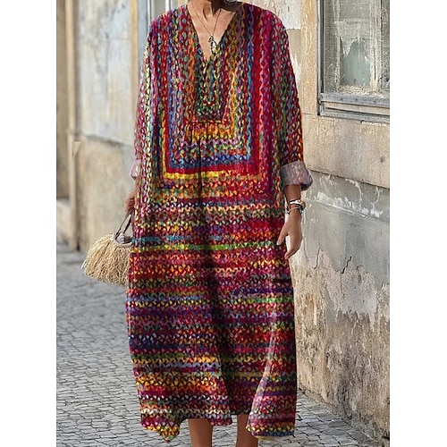  Női Midi ruha Nyári ruha A vonalú ruha Szabadság Alkalmi Boho Parti Szabadság Tengerpart Laza öltözet Virágos Grafika Mértani Hosszú ujj V-alakú Sötétvörös Arcpír rózsaszín Medence Bíbor Nyár Tavasz