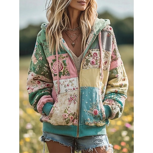  Dámská 3D tisková mikina s kapucí lehká dlouhý rukáv zipová mikina s kapsou mikro-elastická casual květinový grafický design street každodenní nošení patchwork kapsa žlutá růžová podzim