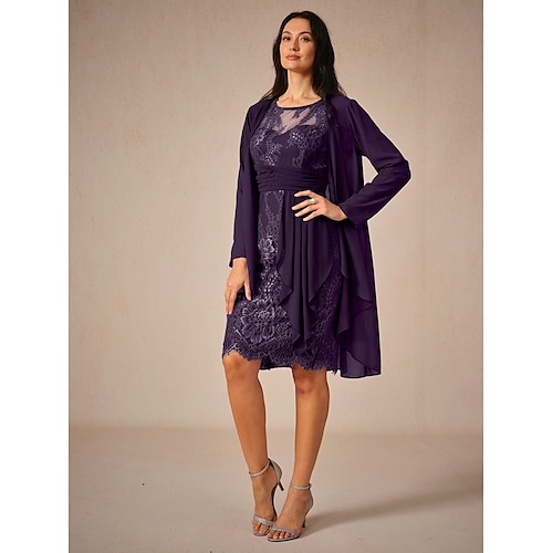  Women's Wedding Guest Jacket Dress Lace Dress Chiffon Dress Set Cocktail Dresses Formal Dresses Cardigan Ruched Long Sleeve Cocktail Party Blue Spring Summer Fall