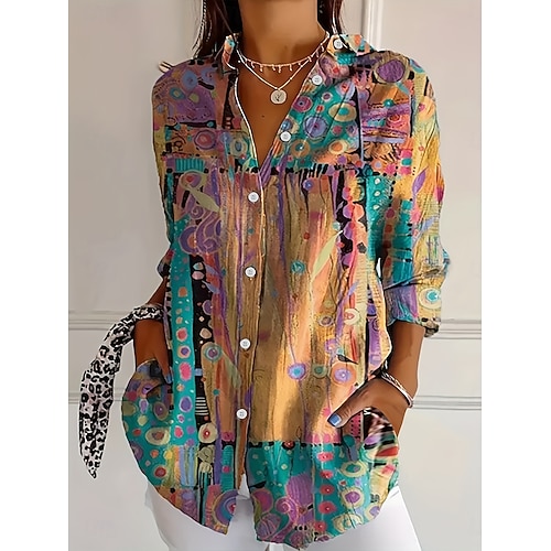  Damen Hemd Grafik Geometrisch Vintage Täglich Lässig Langarm Hemdkragen Normale Oberteile Täglich Ferien Druck Gelb Rote Blau Purpur Grün Sommer Frühling