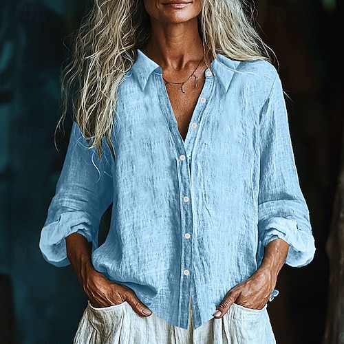 Pentru femei Cămașă Bluză texturată Cămăși inspirate din in Bluză Simplu Modern Casual Manșon Lung Guler Cămașă Topuri obișnuite Zilnic Concediu Ieșire Nasturi Negru Alb Galben Roz Îmbujorat Roșu Vin