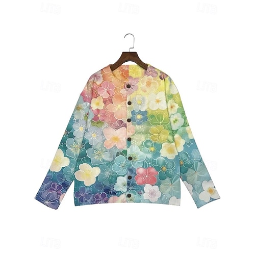  Cardigan da donna maglione femminile Giornaliero Floreale Grafica Coste Girocollo Bottoni Stampa Maniche Lunghe Lunghe Top Maglia Esterno Fine settimana Blu Autunno Inverno