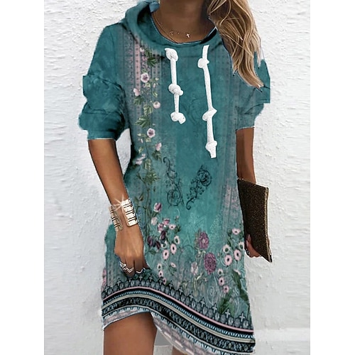  Damen Hoodie Kleid Mini Kleid Schichtkleid Shift Kleid Party Lässig Boho Outdoor Zuhause Sport Reguläre Passform Floral Grafik Langarm Kapuze Blau Grün Frühling Herbst Winter