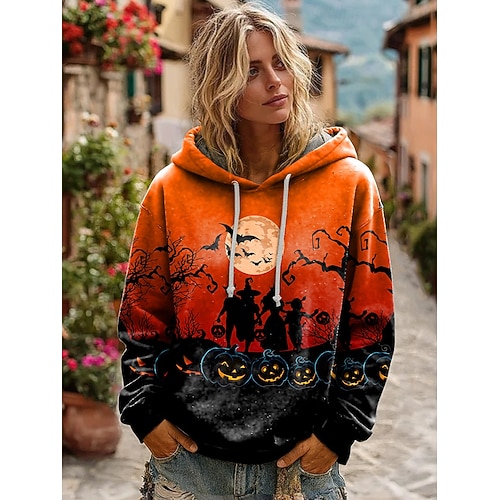  Halloween Damen Hoodie Pullover Sweatshirt Oversized Lange Ärmel Lässig Grafik Abstrakt Mode Druck Kapuze Reguläre Tops Straße Alltag Kordelzug Druck Weiß Herbst Winter