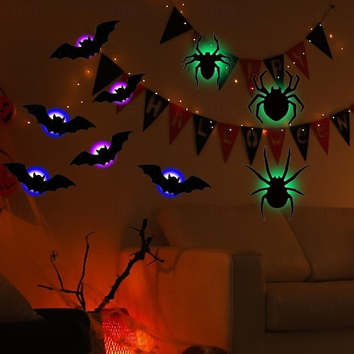  Halloweenské 3D samolepky na zeď s netopýrem, pavoukem, LED tištěné samolepky na netopýry, odnímatelné samolepky na okna do koupelny, dveří, domova, ložnice, párty potřeby