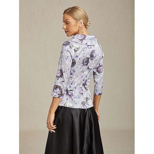  Dame Dressy topper Blomstret Elegant Årgang Bryllup 3/4 ermer V-hals Vanlige topper Bryllupsgjest Festkveldsklær Lys Lilla Vår, Høst, Vinter, Sommer