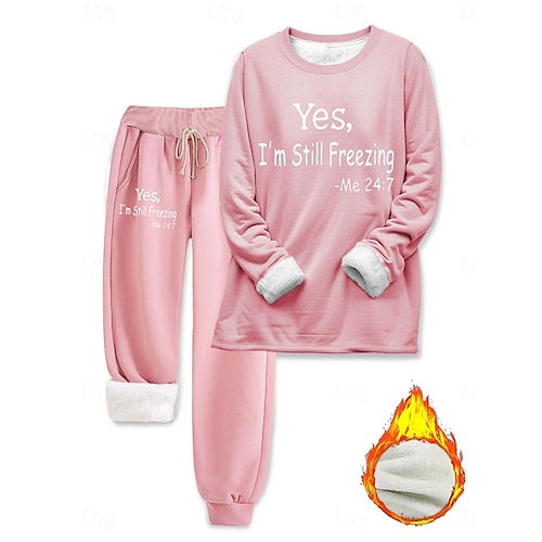  Completo da donna 2 pezzi con felpa e pantaloni in pile maniche lunghe collo a giro stampa con scritta casual rosa scuro blu grigio autunno vestibilità regolare