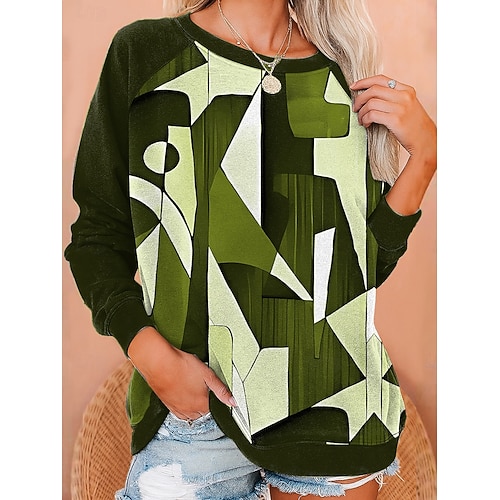  Damen Sweatshirts Grafik Geometrisch Mode Lässig Langarm Rundhalsausschnitt Normale Oberteile Lässig Druck Weiß Rote Blau Purpur Grün Sommer Frühling Herbst